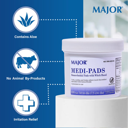 MAJOR Medi-Pads - Hemorrhoidal Hygienic Cleansing Witch Hazel Pads - Cooling Relief with Aloe - 100 Count Jar (2 Pack) - Maple Wellness Supplements