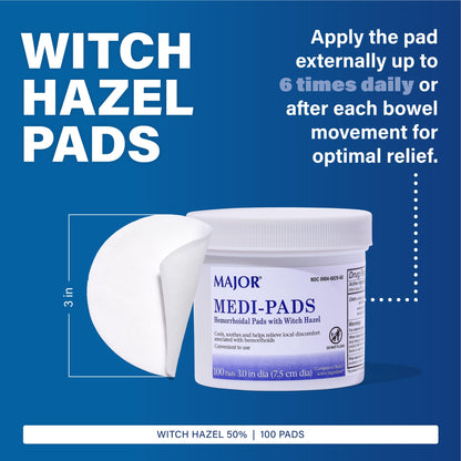 MAJOR Medi-Pads - Hemorrhoidal Hygienic Cleansing Witch Hazel Pads - Cooling Relief with Aloe - 100 Count Jar (3 Pack) - Maple Wellness Supplements
