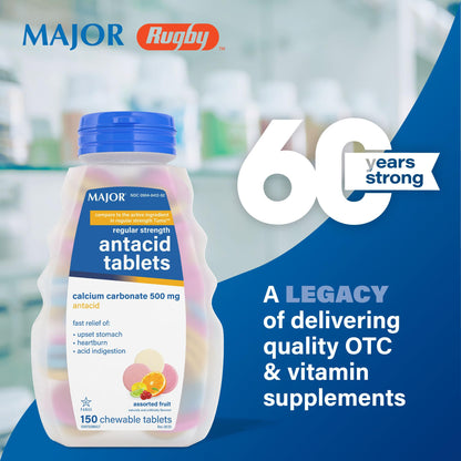 MAJOR Regular Strength Antacid Tablets - Calcium Carbonate 500 mg - Assorted Fruit Flavor - 150 Chewable Count (2 Pack) - Maple Wellness Supplements