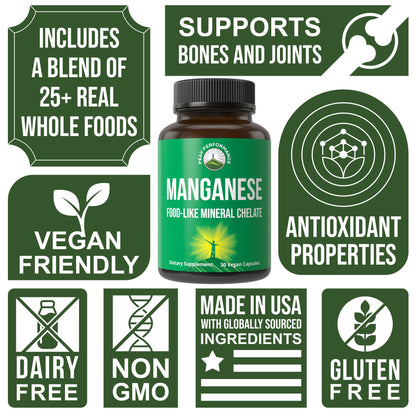 Manganese Supplement Food Like Mineral Chelated for Superior Absorption with Whole Food Blend of 25+ Fruits & Vegetables. Pure Trace Mineral Capsules for Connective Tissue, Bone Health, Enzyme Support - Maple Wellness Supplements