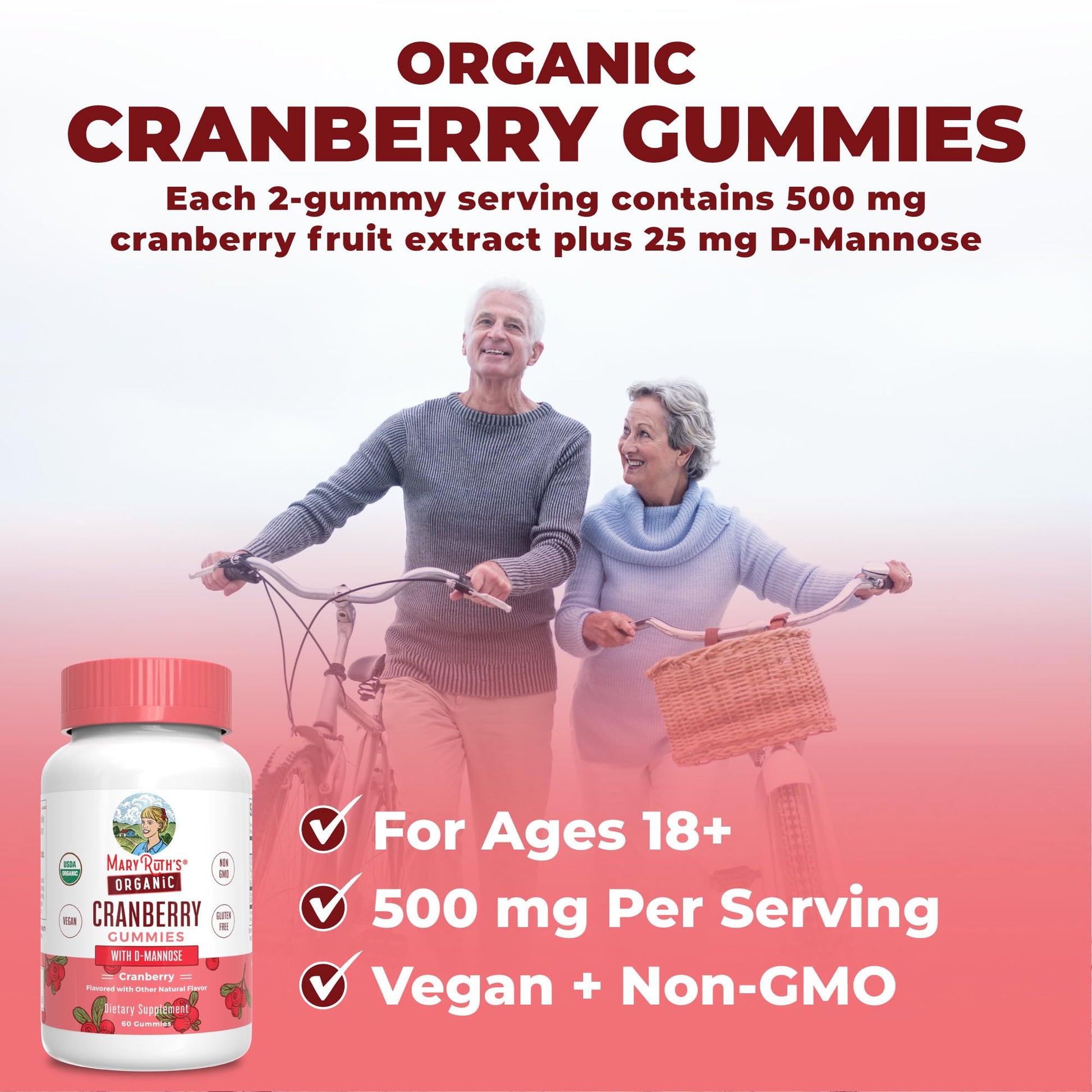 MaryRuth Organics Organic Cranberry Gummies - 500mg Supplement | Urinary Tract Health for Women | with D Mannose | Traditional Use - Maple Wellness Supplements
