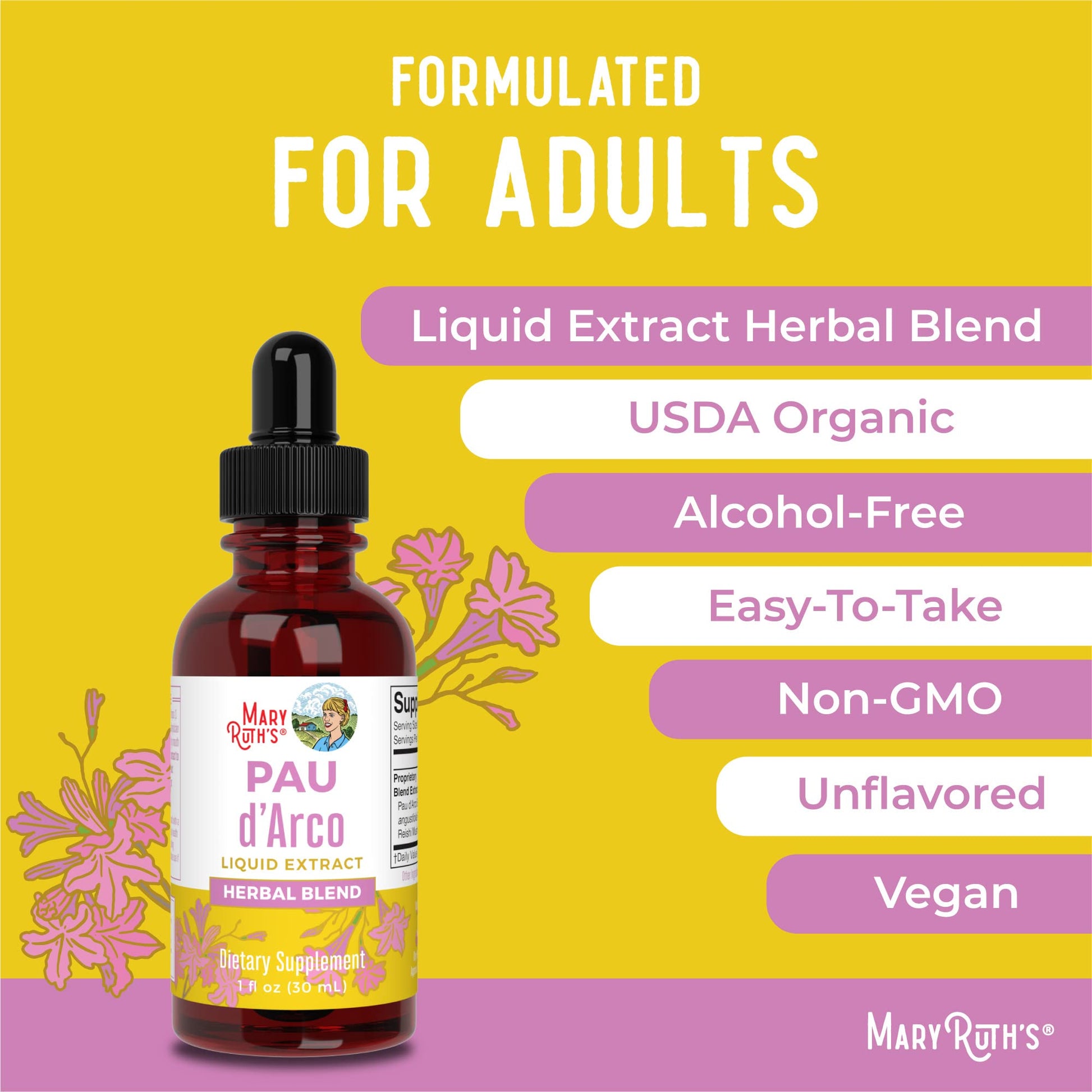 MaryRuth Organics PAU D'Arco Herbal Blend | Reishi Mushroom | Echinacea angustifolia Root | Usnea Lichen | Thyme Leaf | Vegan | Non-GMO Project Verified | Gluten Free | 30 Servings | 1 Fl Oz - Maple Wellness Supplements