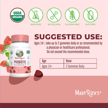 MaryRuth Organics USDA Organic Probiotic Gummies |Probiotics forWomen & Men Digestive Health & Gut Comfort Supplement 5 Billion CFU | Immune & Digestive Support | Vegan | Non-GMO | 60 Count - Maple Wellness Supplements