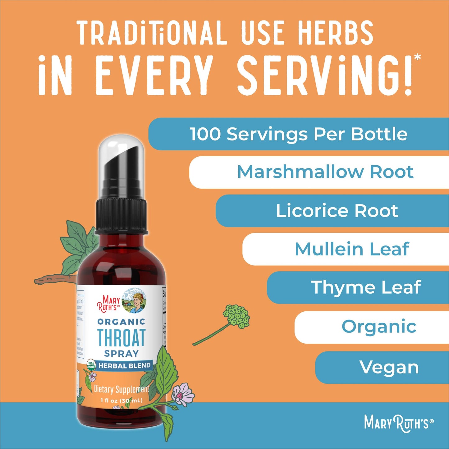 MaryRuth Organics USDA Organic Throat Spray with Mullein Leaf | Marshmallow Root & Licorice Root & Thyme Leaf | 4 Herbal Blend | Non-GMO | Vegan | Gluten Free | 1 Fl Oz | Up to 100 Servings - Maple Wellness Supplements