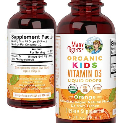 MaryRuth Organics USDA Organic Vitamin D3 Liquid Drops for Kids | 640 IU Vitamin D3 Per Serving | Kids Immune Support & Bone Health Supplement | Formulated for Ages 4-13 | 0.5oz | 30 Servings - Maple Wellness Supplements