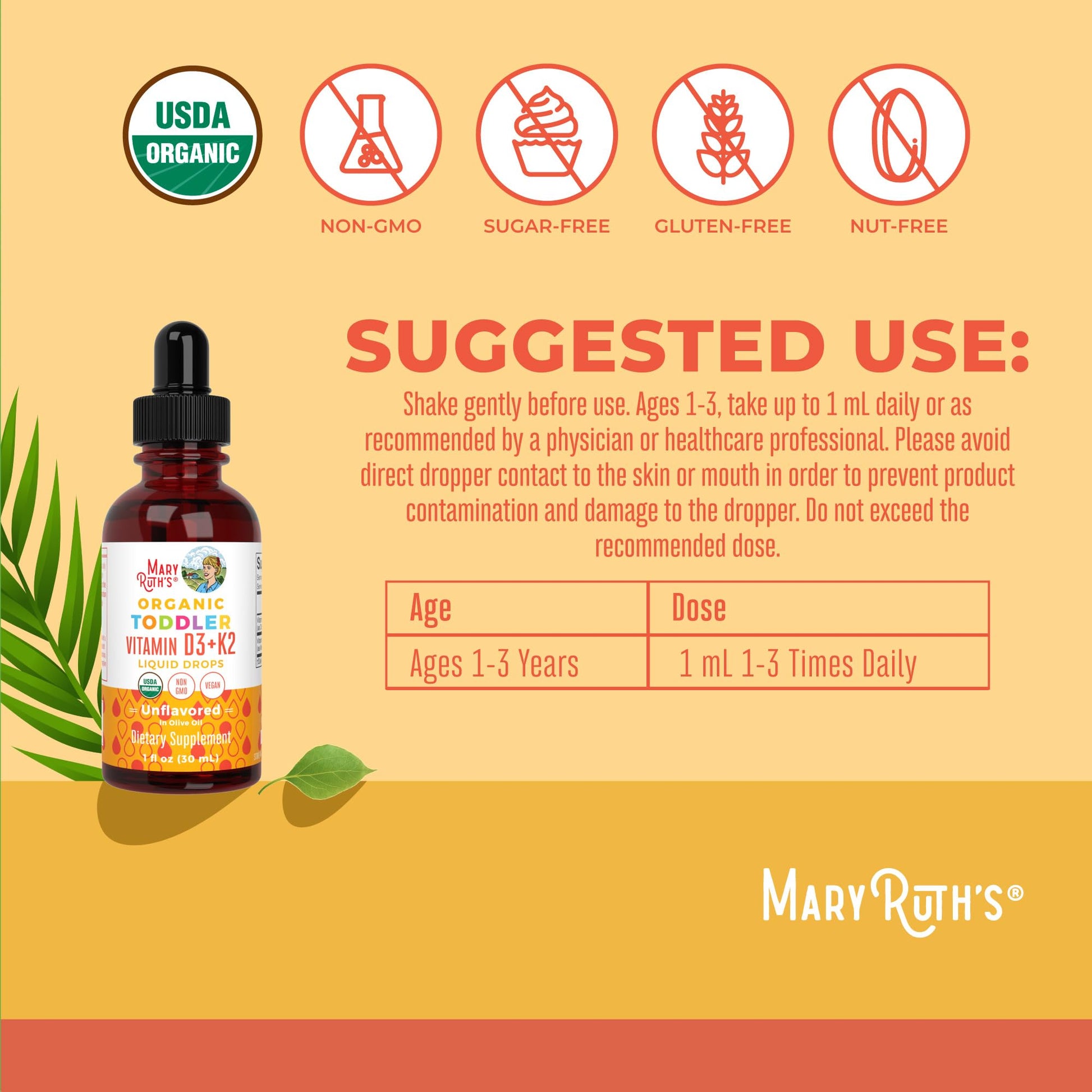 MaryRuth Organics Vitamin D3 | Vitamin K2 | Vitamin D3 K2 Drops | K2 D3 Vitamin Liquid Supplement for Toddlers | Kids Supplement for Calcium Absorption Strong Bones | Vegan | Gluten Free | 1 Fl Oz - Maple Wellness Supplements
