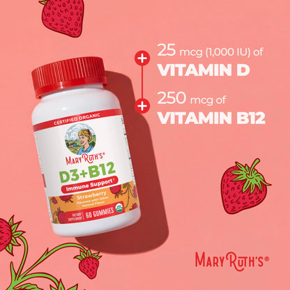 MARYRUTH'S Organic Vitamin D3 + B12 Gummies for Ages 4+ | Bone Health | Immune Support | Energy Metabolism | Cognitive Function | Vegan | Non-GMO - Maple Wellness Supplements