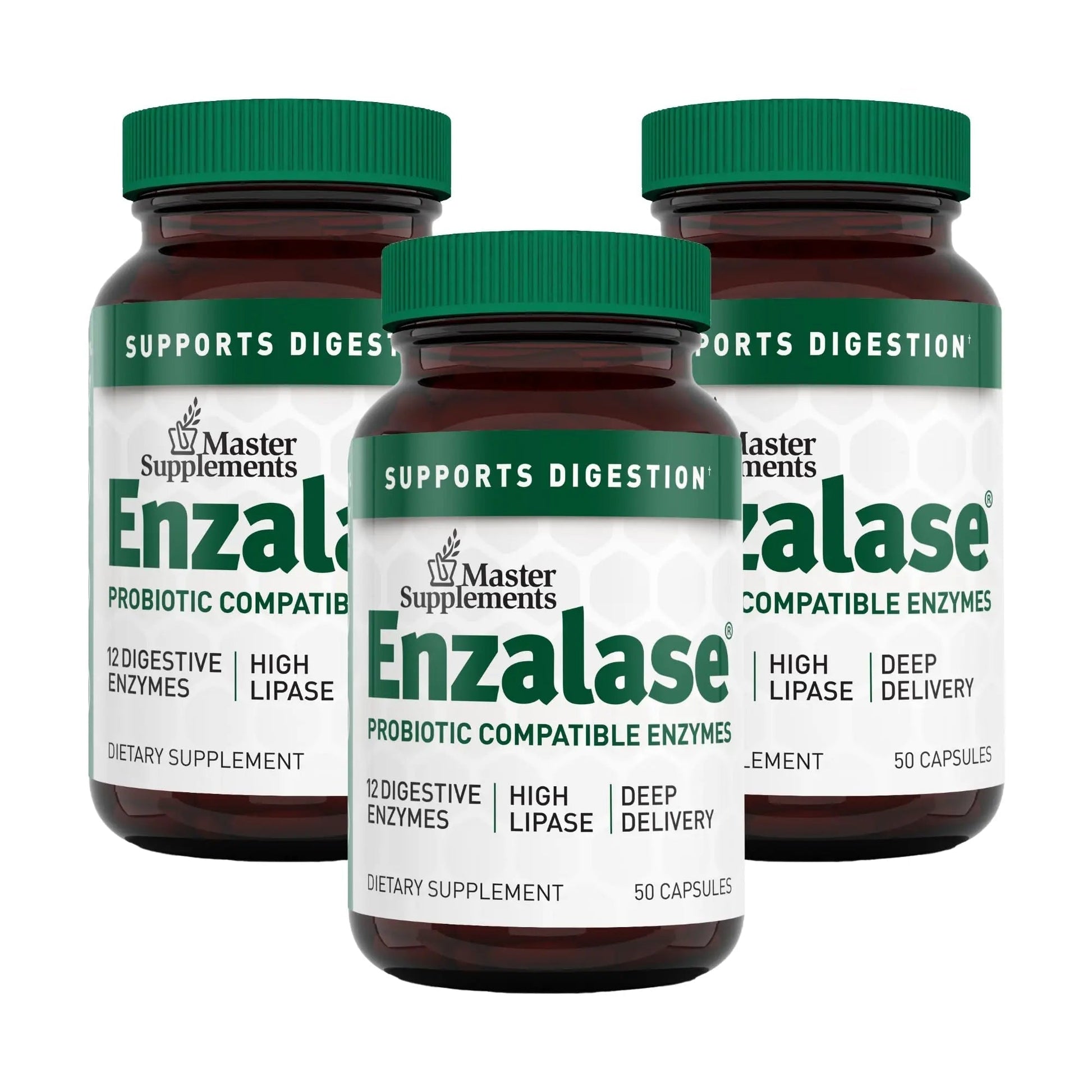 Master Supplements Enzalase - 50 Capsules, Pack of 3 - Probiotic Compatible Enzymes - Provides Digestive Boost + Gas & Bloating Relief - Gluten Free - 150 Total Servings - Maple Wellness Supplements