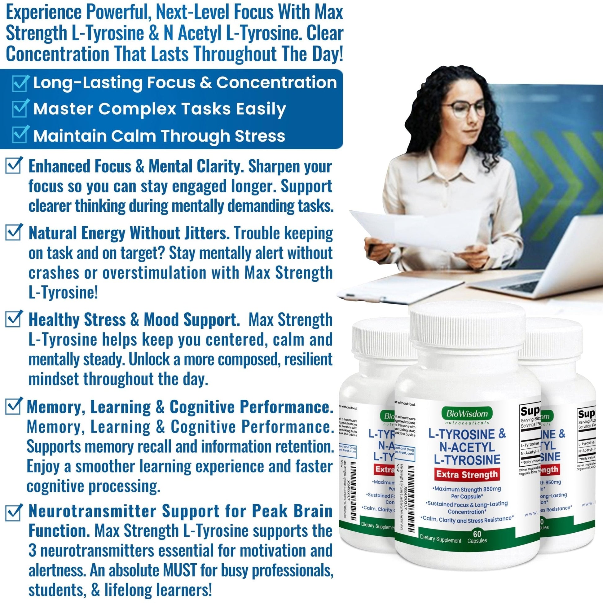 Max Strength L Tyrosine Supplement & N Acetyl L Tyrosine Peak Focus, Alertness, Concentration, Body & Mind Energy. L-Tyrosine 850mg Per 1 Capsule. A Well-Being Nutrient Boost For Performance - Maple Wellness Supplements