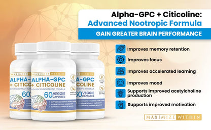 Maximize Within Alpha GPC + Citicoline 60 Ct, 1600mg Concentrated Formula- 99%+Highly Purified & Bioavailable Nootropic-Cognitive Enhancer, Supports Memory, Brain Function, Boosts Focus, Mood & Energy - Maple Wellness Supplements