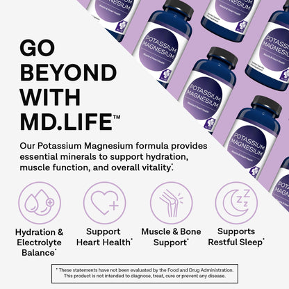 MD. Life Potassium Magnesium Supplement - 30 Capsules - High Absorption Magnesium Complex - Potassium Supplement to Support Vascular Health & Leg Cramp - Maple Wellness Supplements