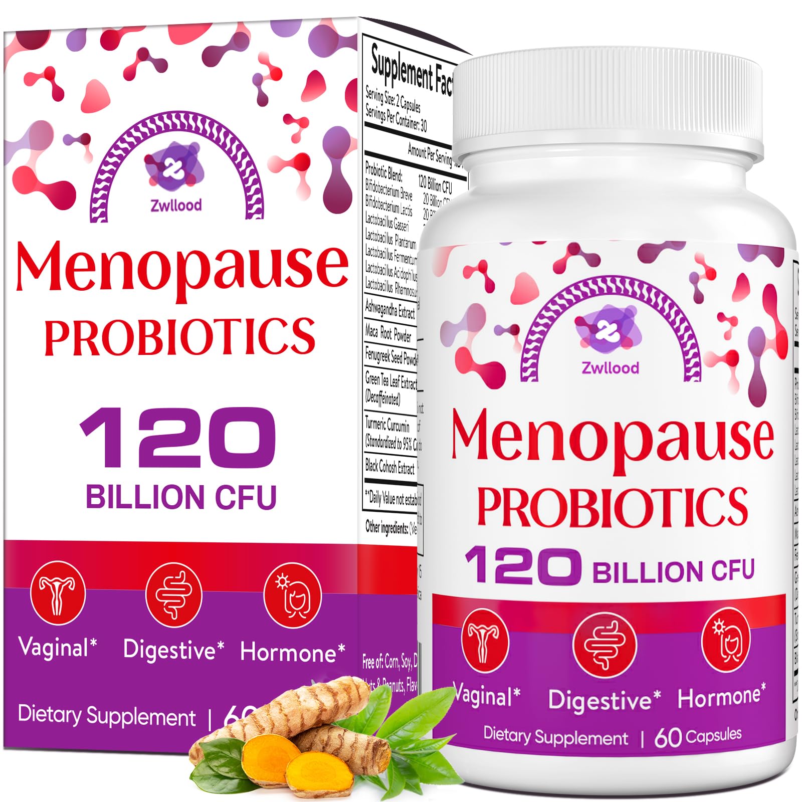 Menopause Supplements for Women, 120 Billion CFU Menopause Probiotics for Women, All-Natural Probiotic for Hot Flashes Menopause, Night Sweats, Mood Swings, Gut and Hormone - 60 Herbal Capsules - Maple Wellness Supplements