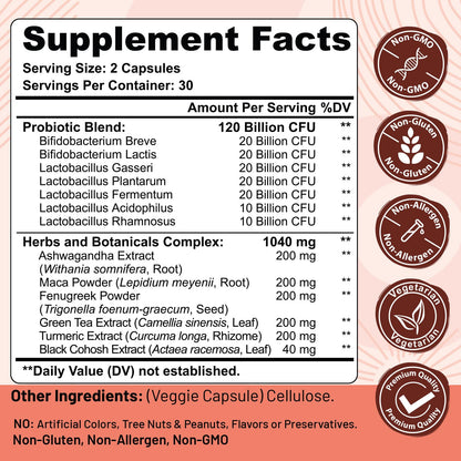 Menopause supplements for women, 120 Billion CFU Probiotic, 13-in-1 Herbs & Botanicals Complex, for Hormone Menopause, Hot Flashes, Night Sweats, Mood Swings, Sleep Disturbances, Vegan, 60 Capsules - Maple Wellness Supplements