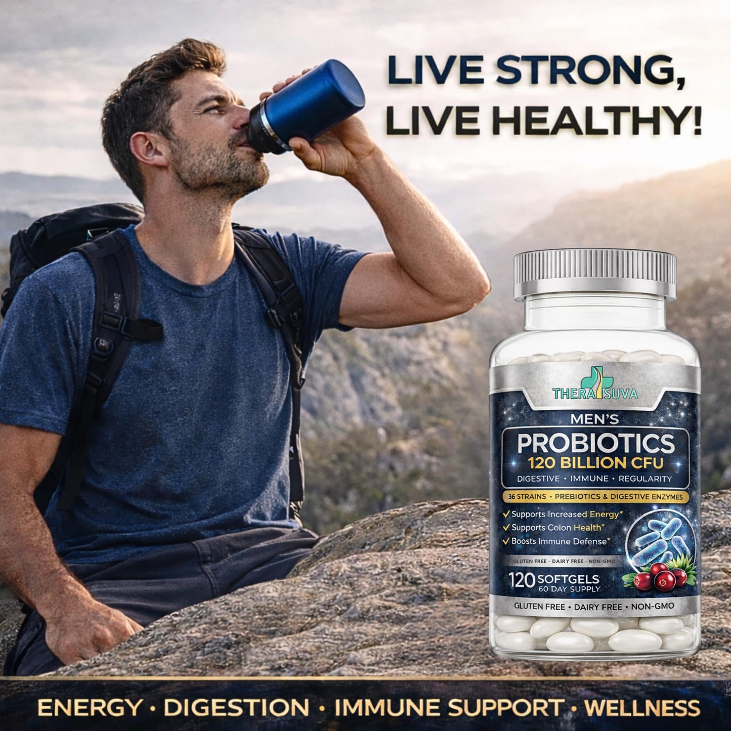 Men’s Advanced Probiotics 120 Billion CFU - 36 Strains + Prebiotics, Enzymes & Veggie Blend for Gut, Immune & Colon Health - 2 Month Supply, 120 Softgels - Maple Wellness Supplements