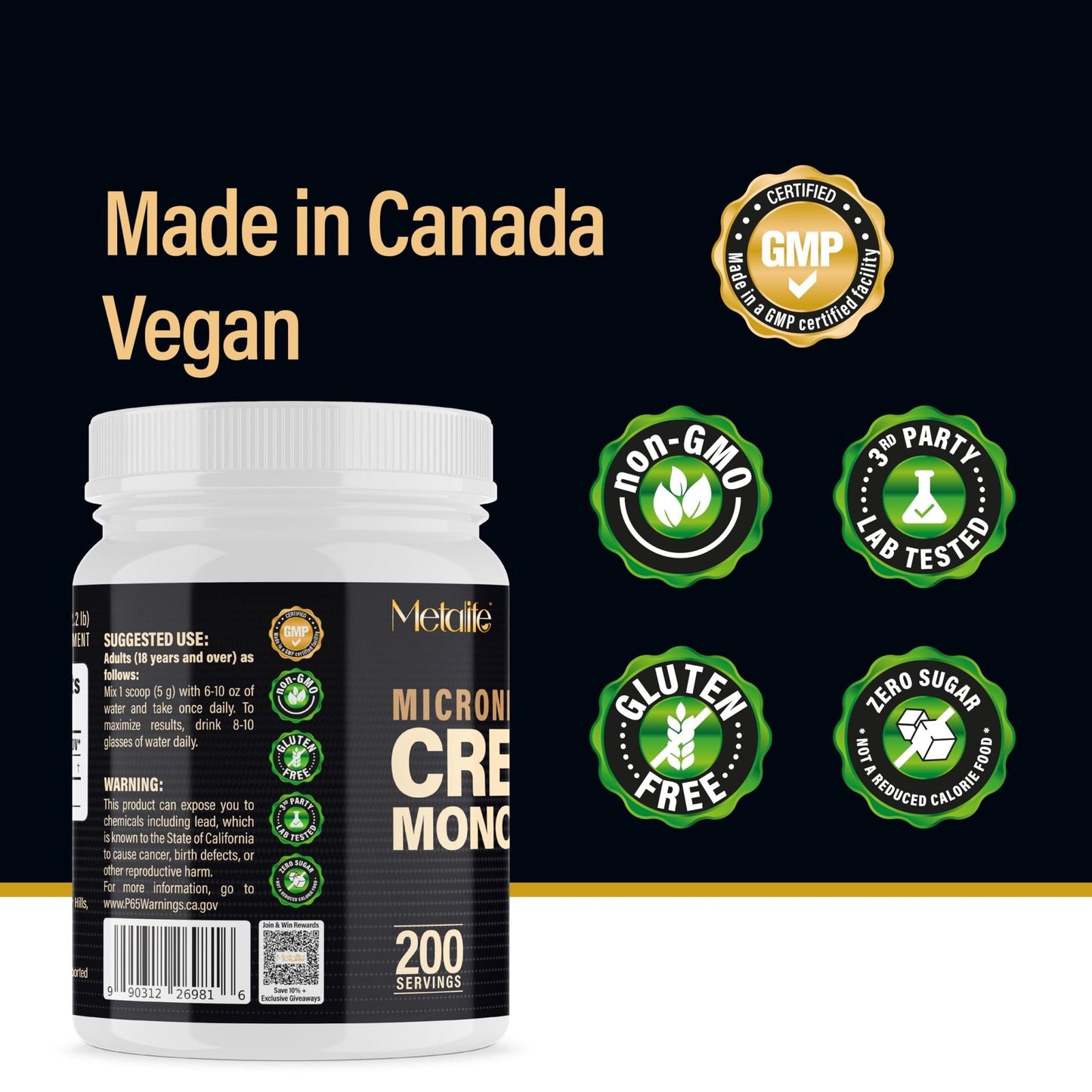 METALIFE 100% Pure Creatine Monohydrate Powder, Canada-Made, 1000 g (200 Servings) Micronized Powder, Muscle Growth, Unflavored, Ideal for Athletes & Fitness Enthusiasts, Third party lab tested, Vegan - Maple Wellness Supplements