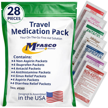 MFASCO - 7 in 1 - Travel Size Medicine Kit - TSA Approved | 28 First Aid Emergency OTC Medicine Packets for Cruise & International Travel | Compact Med Refill for Traveling & Office Assembled in USA - Maple Wellness Supplements