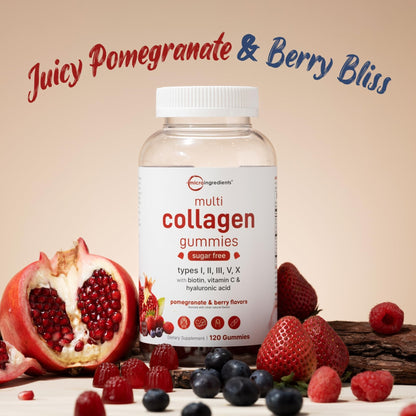 Micro Ingredients Multi Collagen Peptides, 120 Collagen Gummies | Type I,II,III,V,X Protein with Biotin, Hyaluronic Acid, & Vitamin C Complex | Pomegranate & Berry Flavored - Maple Wellness Supplements