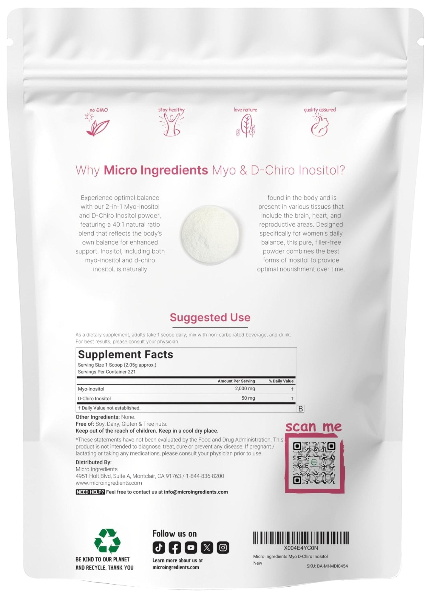 Micro Ingredients Myo-Inositol & D-Chiro Inositol Powder, 1lb (221 Servings) | 40:1 Ideal Ratio Inositol Supplement for Women | Supports Hormonal Balance - Maple Wellness Supplements