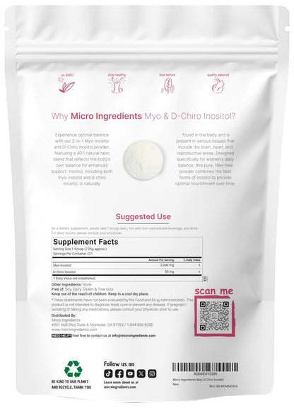 Micro Ingredients Myo-Inositol & D-Chiro Inositol Powder, 1lb (221 Servings) | 40:1 Ideal Ratio Inositol Supplement for Women | Supports Hormonal Balance - Maple Wellness Supplements