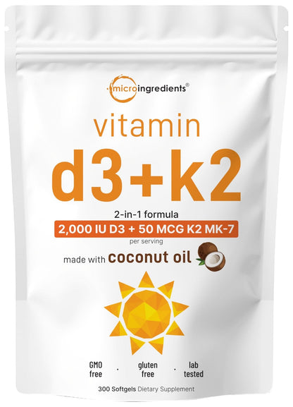 Micro Ingredients Vitamin D3 2,000 IU + K2 MK-7 50 mcg, 300 Softgels | Virgin Coconut Oil | 2-in-1 Support | Easy to Swallow, Non-GMO - Maple Wellness Supplements