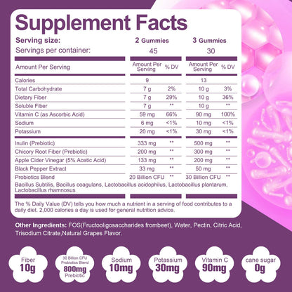 Migcopat 10G Fiber Gummies for Adults, No Sugar Added Grape Flavor, Fiber Supplement with 30 Billion CFU Probiotics Blend, ACV, Vitamin C, - Maple Wellness Supplements