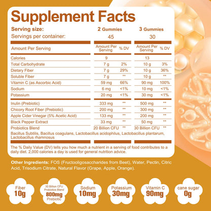 Migcopat 10G Fiber Gummies for Adults - Support Digestive Health - Fiber Supplement with 30 Billion CFU Probiotics Blend, ACV, Vitamin C, Inulin - No Sugar Added - Fruit Flavored - 180 Count - Maple Wellness Supplements