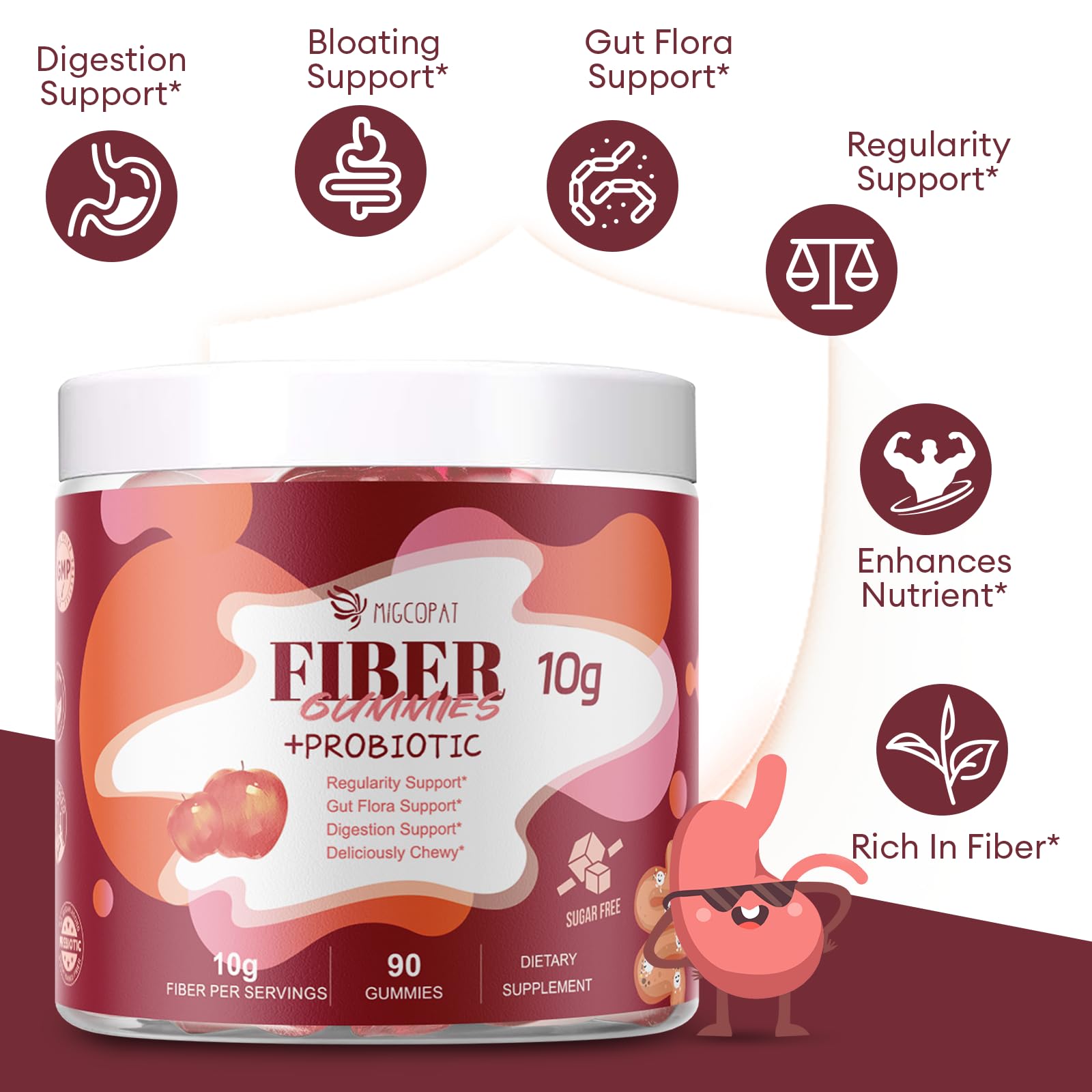 Migcopat Fiber Gummies with Probiotics,10G Fiber per Serving No Sugar Added Apple Flavor, with 10 Billion CFU Probiotics Blend, Apple Cider Vinegar, - Maple Wellness Supplements