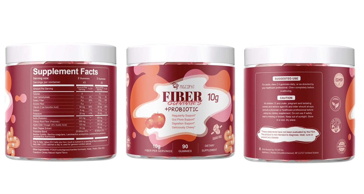 Migcopat Fiber Gummies with Probiotics,10G Fiber per Serving No Sugar Added Apple Flavor, with 10 Billion CFU Probiotics Blend, Apple Cider Vinegar, - Maple Wellness Supplements