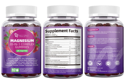 Migcopat Magnesium Complex Gummies, 20 in 1 Magnesium Gummy with Glycinate Citrate Malate Taurate - Ashwagandha, L-Theanine, D3&Zinc for Relaxation, Sleep, Muscle&Heart Support, Strawberry, 60 Cts - Maple Wellness Supplements