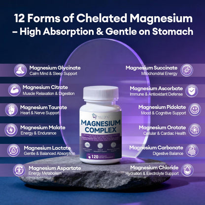 Migcopat Magnesium Complex w/Magnesium Glycinate, Malate, Citrate | 24-in-1 Magnesium Supplement w/Ashwagandha, L-Theanine & NAD+ | Supports Calm, Energy, Muscle & Sleep | Non-GMO, 120 Vegan Caps - Maple Wellness Supplements
