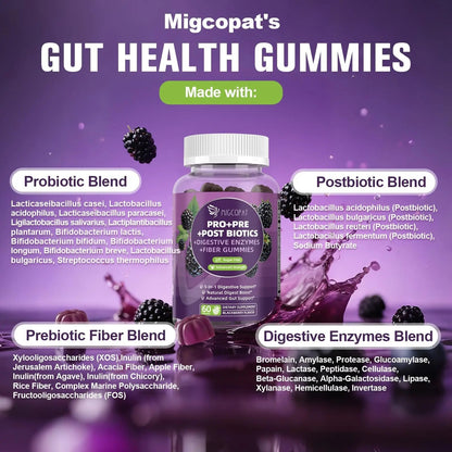Migcopat Pre Post Probiotics Gummies, 5 in 1 Probiotic Prebiotic Postbiotic Digestive Enzymes with Fiber, 120 Billion CFU Probiotics Complete Gut Support, Sugar Free, Vegan, BlackBerry Flavor, 60 Cts - Maple Wellness Supplements