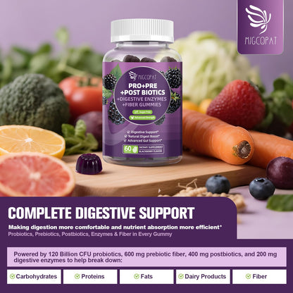 Migcopat Pre Post Probiotics Gummies, Probiotic Prebiotic Postbiotic Digestive Enzymes with Fiber, 120 Billion CFU Probiotics Complete Gut Support, Sugar Free - Maple Wellness Supplements