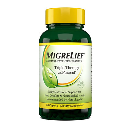 MigreLief Original Triple Therapy with Puracol - Nutritional Support for Migraine Sufferers - 60 Caplets/1 Month Supply - Maple Wellness Supplements