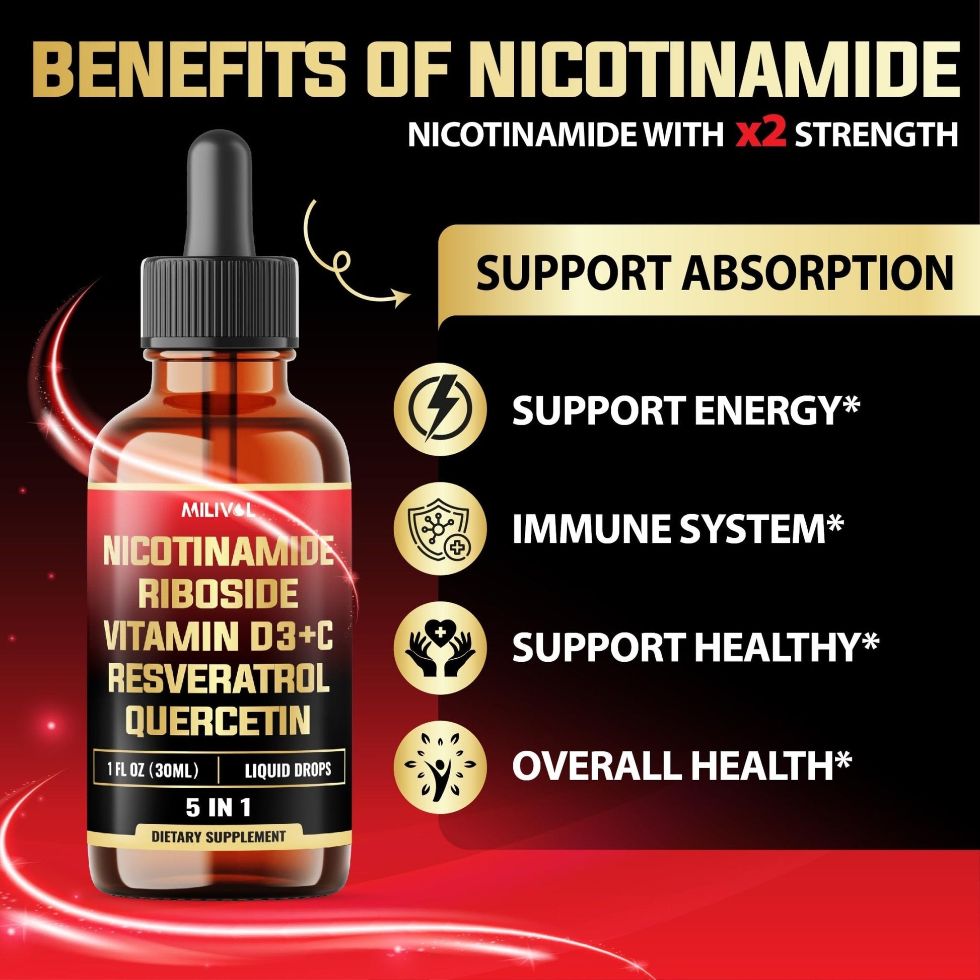 MILIVOL 5in1 NAD+ Liquid Drops w/Nicotinamide Riboside NR 900mg, Quercetin 500mg, Trans-resveratrol 500mg, Vitamin D3-C - Cellular Energy & Repair, Vitality, Healthy Aging - 1FL Oz - 1 Month Supply - Maple Wellness Supplements