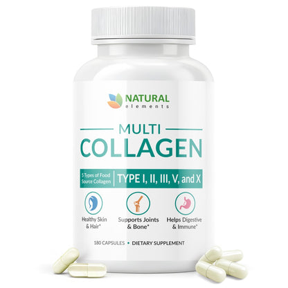 Multi Collagen 180 Protein Capsules - Type I, II, III, V, X Collagen Pills - Proprietary Blend of Eggshell, Chicken, Wild Fish & Grass-Fed - Maple Wellness Supplements