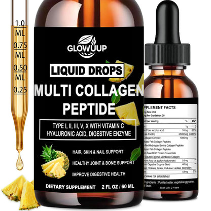 Multi Collagen Peptides Liquid Drops for Women & Men-Type I, II, III, V, X丨Hydrolyzed Collagen Peptides, Collagen Proteins W. Hyaluronic Acid, Biotin & Vitamin C for Hair Skin & Joint Gut Health - Maple Wellness Supplements