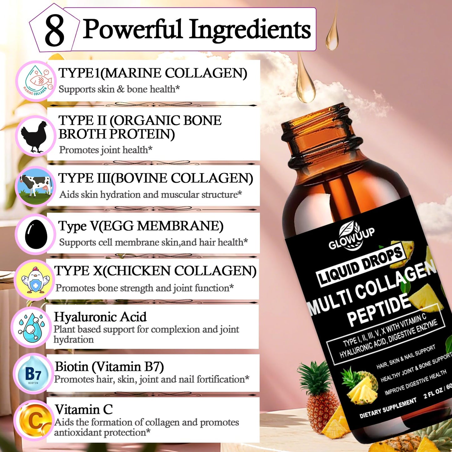 Multi Collagen Peptides Liquid Drops for Women & Men-Type I, II, III, V, X丨Hydrolyzed Collagen Peptides, Collagen Proteins W. Hyaluronic Acid, Biotin & Vitamin C for Hair Skin & Joint Gut Health - Maple Wellness Supplements