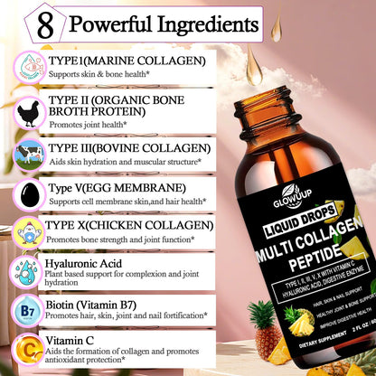Multi Collagen Peptides Liquid Drops for Women & Men-Type I, II, III, V, X丨Hydrolyzed Collagen Peptides, Collagen Proteins W. Hyaluronic Acid, Biotin & Vitamin C for Hair Skin & Joint Gut Health - Maple Wellness Supplements