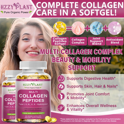 Multi Collagen Peptides Softgel - Type I, II, III, V, X - Hydrolyzed Collagen Peptides with Biotin Vitamin C Hyaluronic Acid for Women & Men, Supports Skin Hair Nail & Joint, Non-GMO, 60 Servings - Maple Wellness Supplements