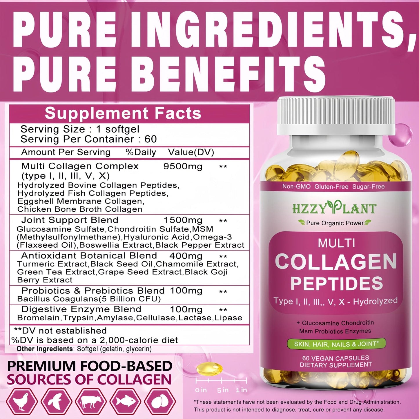 Multi Collagen Peptides Softgel - Type I, II, III, V, X - Hydrolyzed Collagen Peptides with Biotin Vitamin C Hyaluronic Acid for Women & Men, Supports Skin Hair Nail & Joint, Non-GMO, 60 Servings - Maple Wellness Supplements