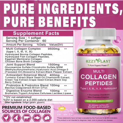 Multi Collagen Peptides Softgel - Type I, II, III, V, X - Hydrolyzed Collagen Peptides with Biotin Vitamin C Hyaluronic Acid for Women & Men, Supports Skin Hair Nail & Joint, Non-GMO, 60 Servings - Maple Wellness Supplements