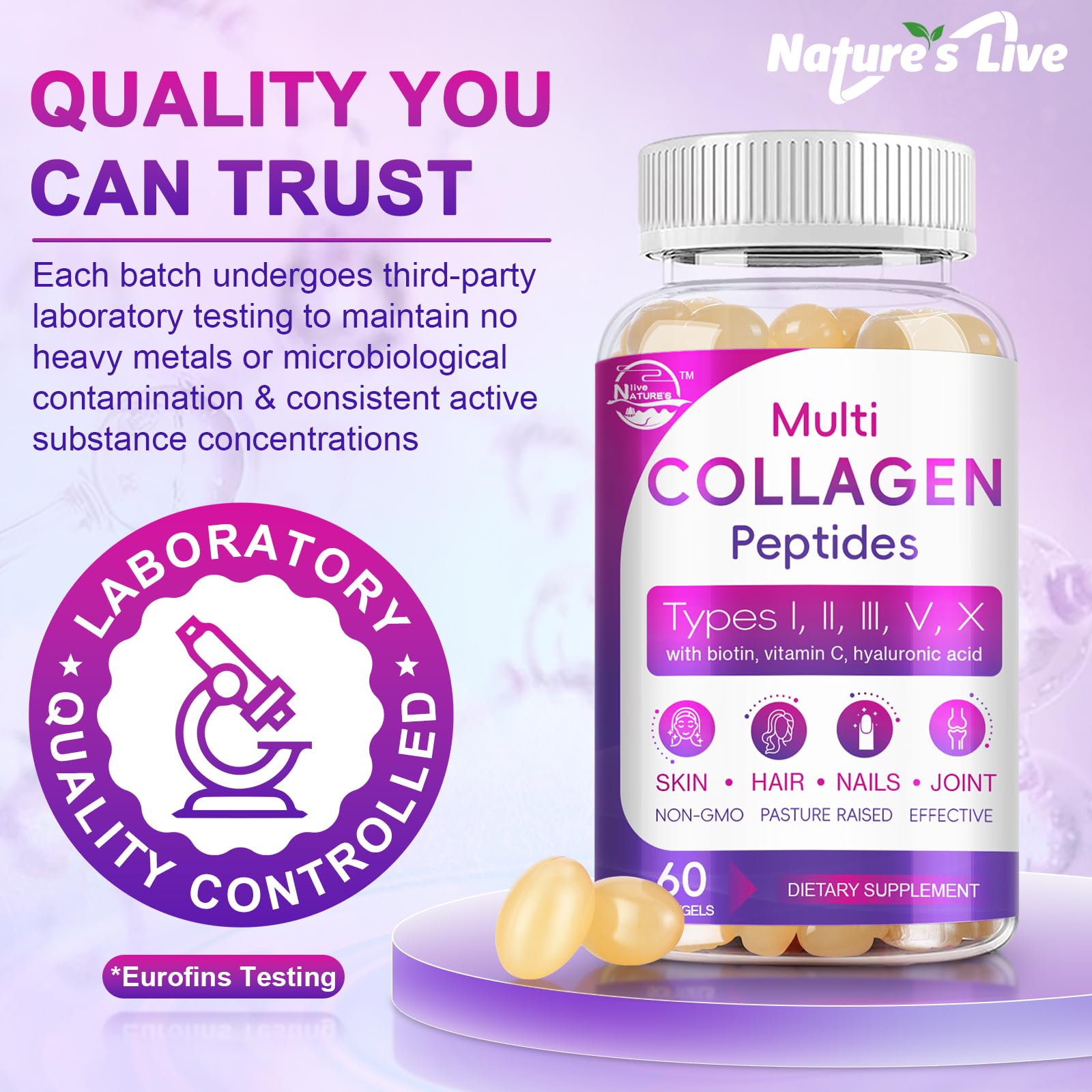 Multi Collagen Peptides Softgel - Type I, II, III, V, X - Hydrolyzed Collagen Peptides with Biotin, Vitamin C, Hyaluronic Acid, Supports Skin Hair Nail - Maple Wellness Supplements