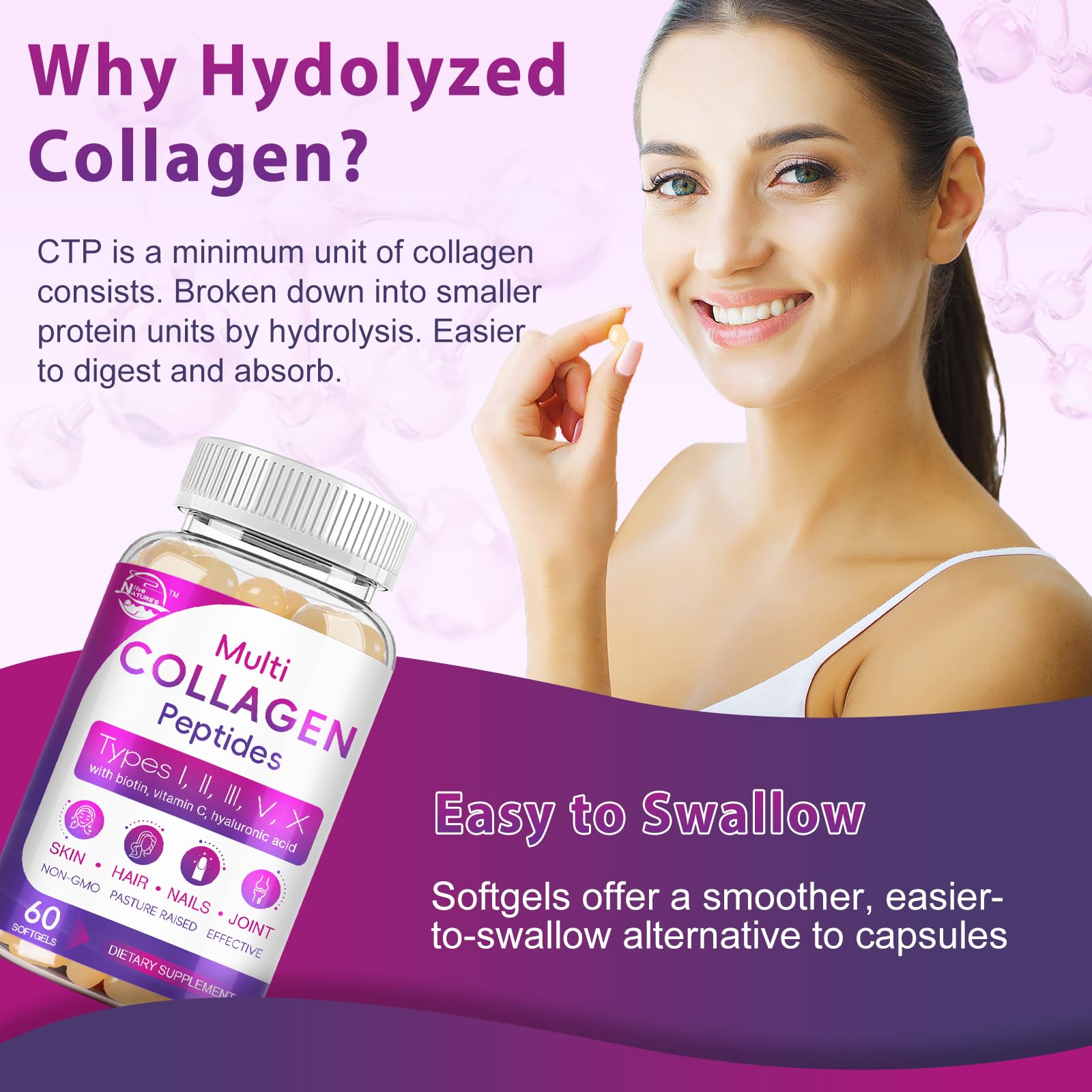 Multi Collagen Peptides Softgel - Type I, II, III, V, X - Hydrolyzed Collagen Peptides with Biotin, Vitamin C, Hyaluronic Acid, Supports Skin Hair Nail - Maple Wellness Supplements