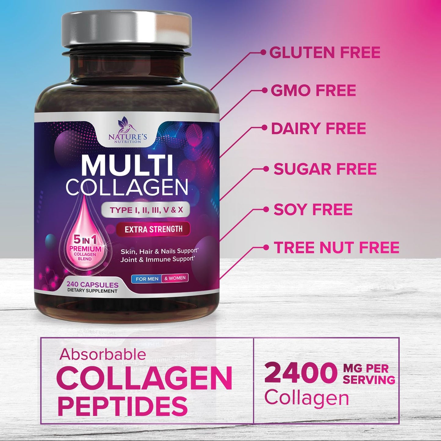 Multi Collagen Pills - Multi Collagen Complex 2400 mg Per Serving - Types I, II, III, V, X - Hydrolyzed Collagen Peptides Supplement - Hair, Skin & Nail Support - Maple Wellness Supplements