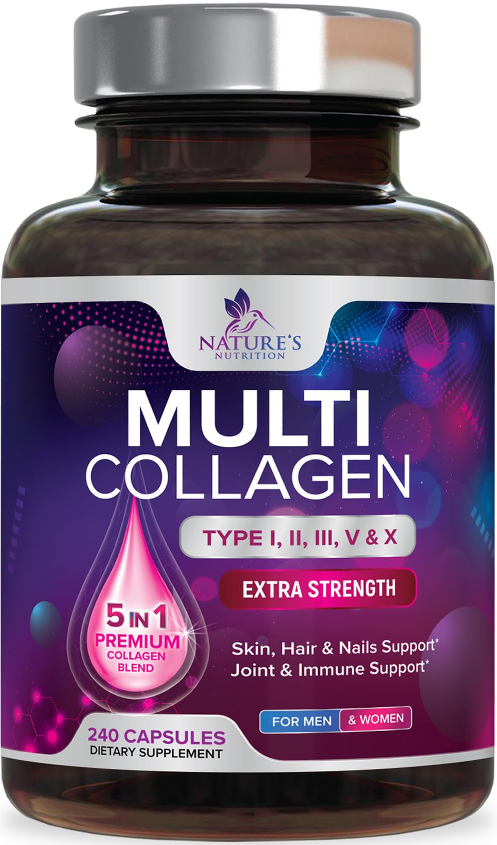 Multi Collagen Pills - Multi Collagen Complex 2400 mg Per Serving - Types I, II, III, V, X - Hydrolyzed Collagen Peptides Supplement - Hair, Skin & Nail Support - Maple Wellness Supplements