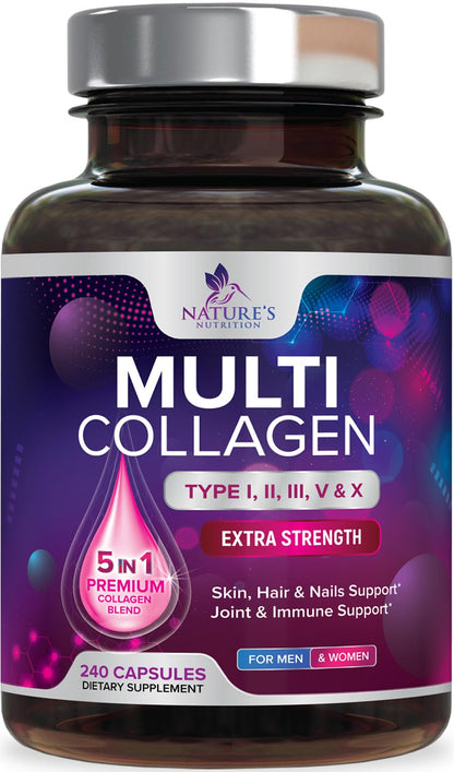 Multi Collagen Pills - Multi Collagen Complex 2400 mg Per Serving - Types I, II, III, V, X - Hydrolyzed Collagen Peptides Supplement - Hair, Skin & Nail Support - Maple Wellness Supplements
