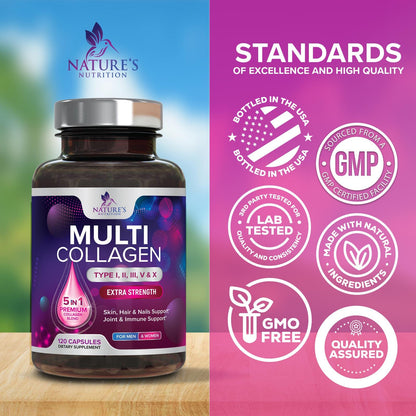 Multi Collagen Pills - Multi Collagen Complex 2400 mg Per Serving - Types I, II, III, V, X - Hydrolyzed Collagen Peptides Supplement - Hair, Skin & Nail Support - Bottled in the USA - 120 Capsules - Maple Wellness Supplements
