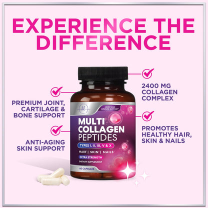 Multi Collagen Supplement 2400 mg - Types I, II, III, V & X Multi Collagen Peptides Pills for Women & Men, Hydrolyzed Collagen Supplements, Hair, Skin, Nail, & Joint Support Supplement, 60 Capsules - Maple Wellness Supplements