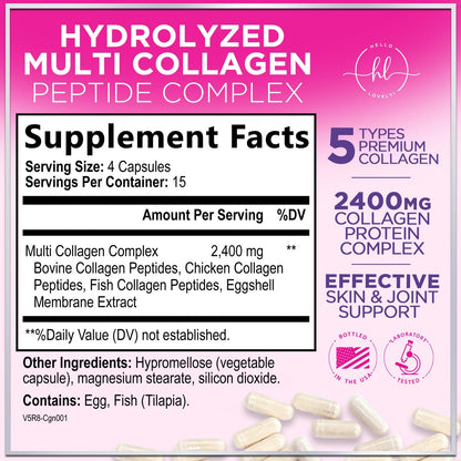 Multi Collagen Supplement 2400 mg - Types I, II, III, V & X Multi Collagen Peptides Pills for Women & Men, Hydrolyzed Collagen Supplements, Hair, Skin, Nail, & Joint Support Supplement, 60 Capsules - Maple Wellness Supplements