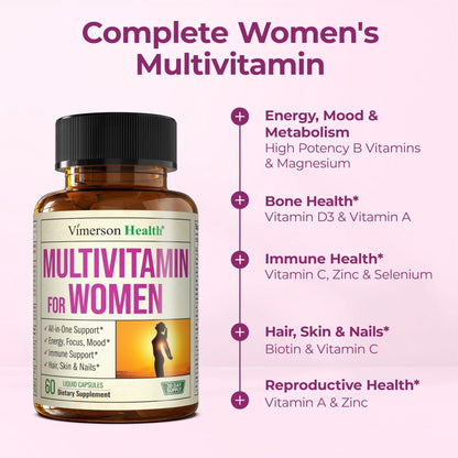 Multivitamin for Women with Bioavailable Vitamins, Minerals, Vitamin D, B12, C, A & Zinc for Energy, Focus and Immune Health – Premium Womens Multivitamins & Multiminerals – 60 Liquid Caps - Maple Wellness Supplements